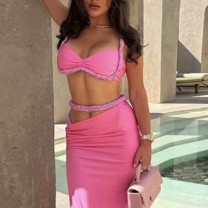 Casual Midnight Outfit Low Neck Mini Camis Split Slash Waist Maxi Skirts Two Piece Set - Image 5