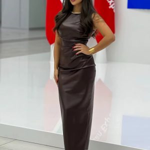 Casual O-Neck Solid Sleeveless Pleated Short PU Maxi Dress