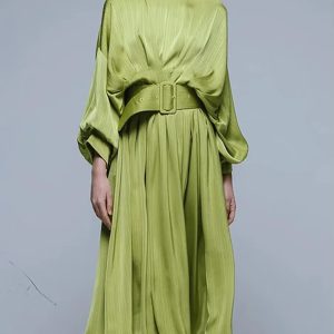 Casual Round Neck Long Sleeves Patchwork Belt Folds Midi Dresses