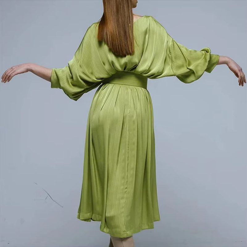 Casual Round Neck Long Sleeves Patchwork Belt Folds Midi Dresses - Image 2