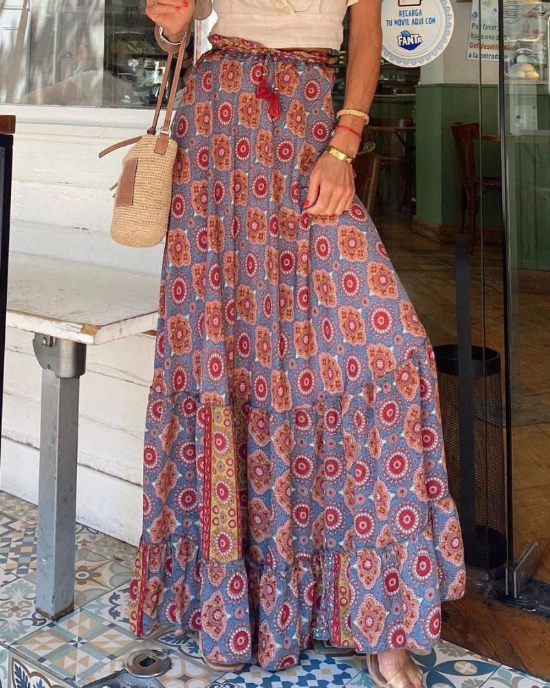 Casual Ruffles Floral Print Long Raised Waist Bottoms Skirt