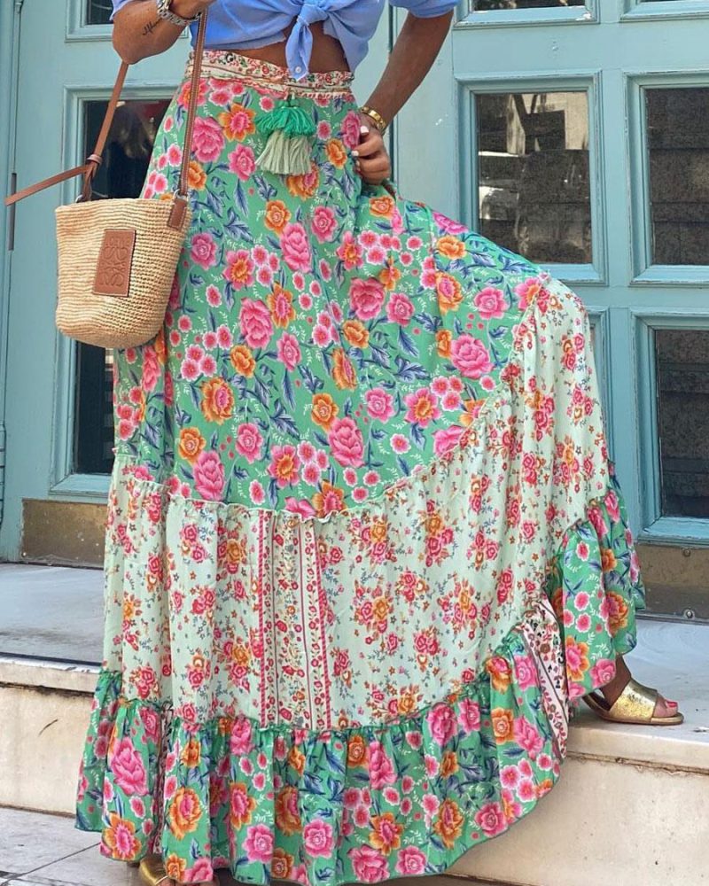Casual Ruffles Floral Print Long Raised Waist Bottoms Skirt