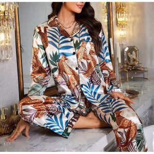 Casual Satin Printed Long Sleeved Top Long Pants Two piece set Night Dress - Image 5