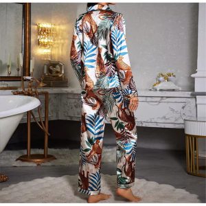 Casual Satin Printed Long Sleeved Top Long Pants Two piece set Night Dress - Image 4