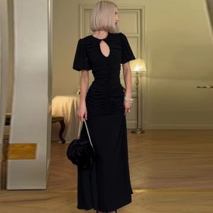 Casual Solid Hollow Out O Neck Short Sleeve High Waist Temperament  Maxi Dress - Image 4
