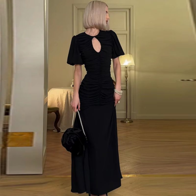Casual Solid Hollow Out O Neck Short Sleeve High Waist Temperament  Maxi Dress - Image 4