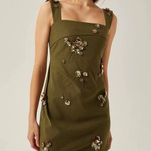 Casual Solid Pstchwork Appliques Square Collar Sleeveless High Waist Mini Dress