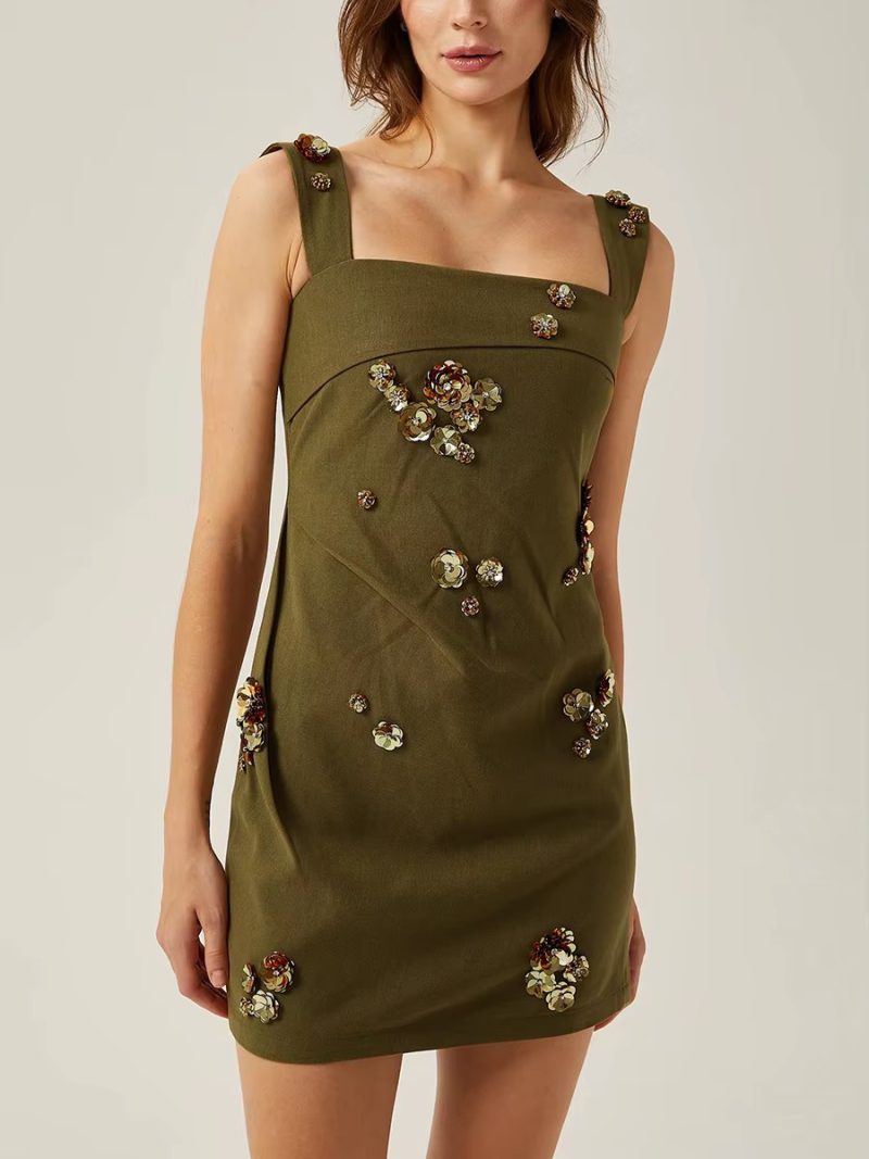 Casual Solid Pstchwork Appliques Square Collar Sleeveless High Waist Mini Dress