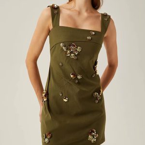 Casual Solid Pstchwork Appliques Square Collar Sleeveless High Waist Mini Dress - Image 8