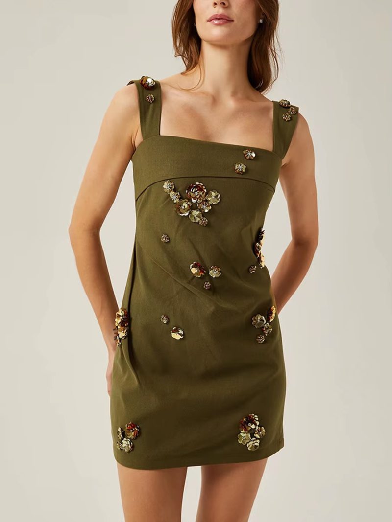 Casual Solid Pstchwork Appliques Square Collar Sleeveless High Waist Mini Dress - Image 8