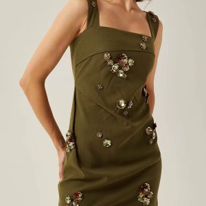 Casual Solid Pstchwork Appliques Square Collar Sleeveless High Waist Mini Dress - Image 4