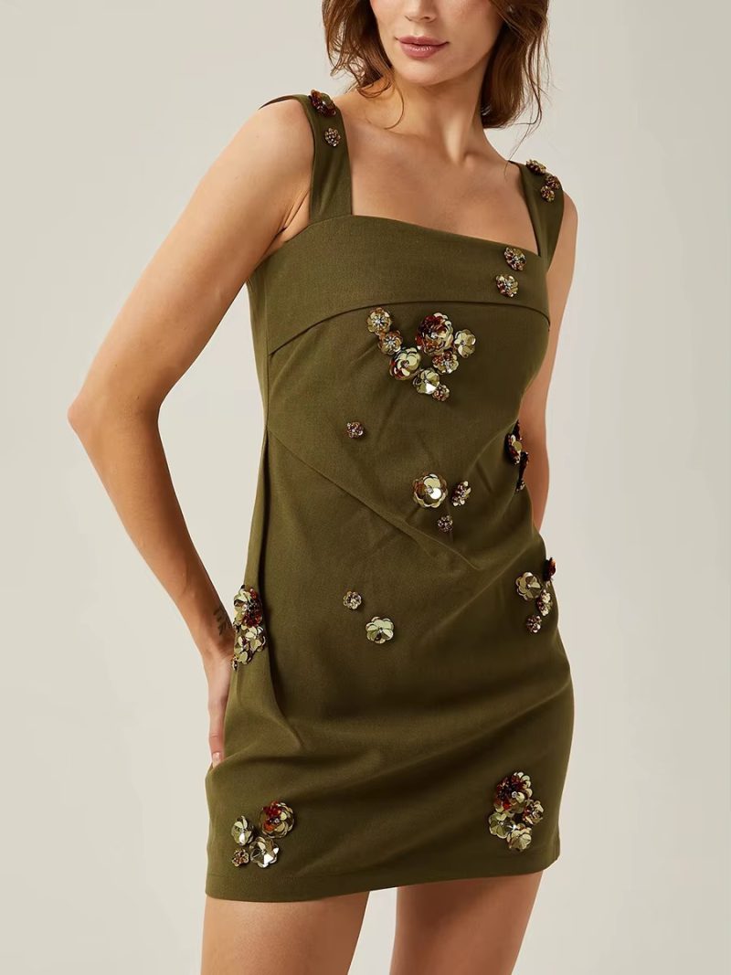 Casual Solid Pstchwork Appliques Square Collar Sleeveless High Waist Mini Dress - Image 4