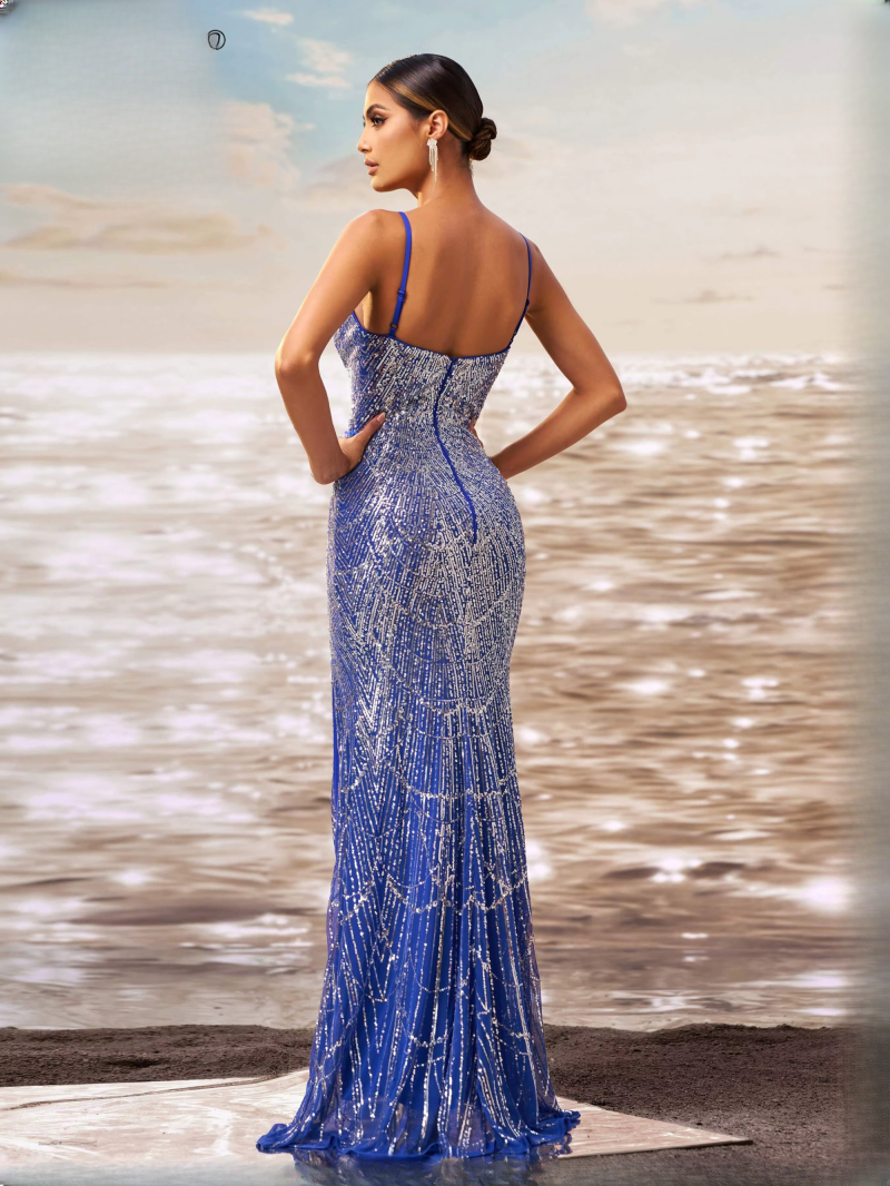 Casual Spaghetti Sequin Split Formal Graduation Maxi Dresses - Image 5