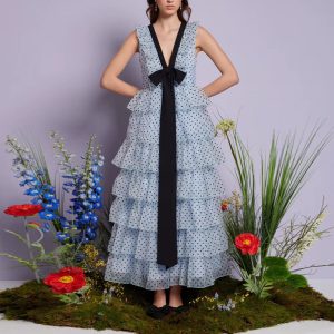 Casual V Neck Sleeveless Patchwork Polka Dot Loose Spliced Ruffles Maxi Dresses