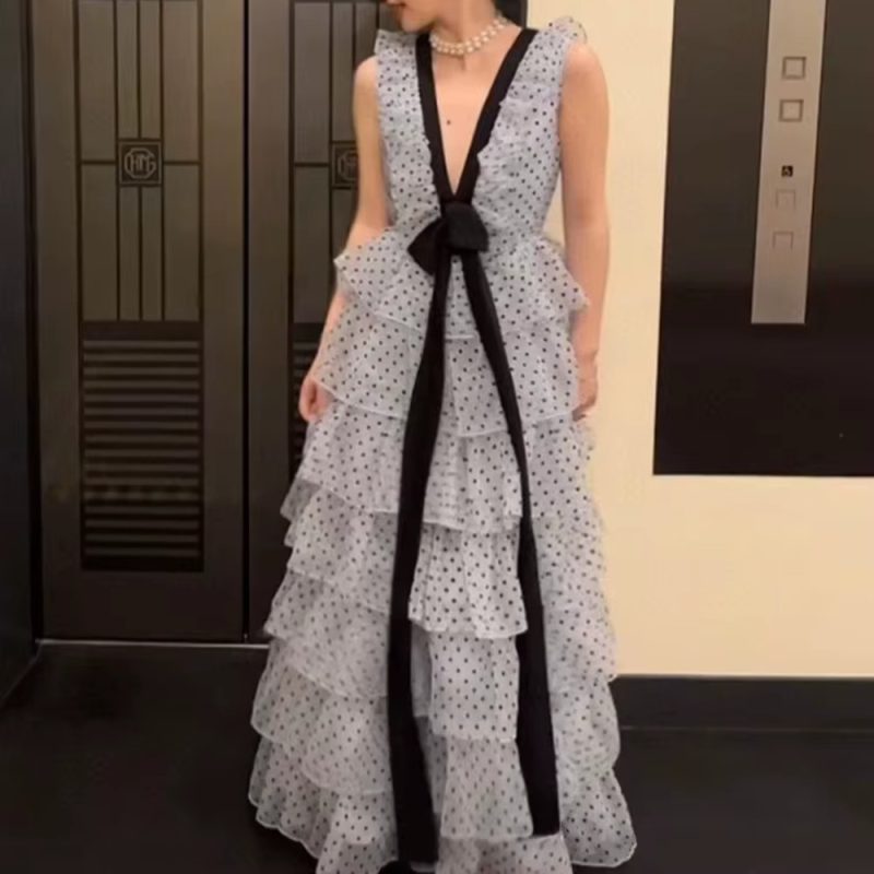 Casual V Neck Sleeveless Patchwork Polka Dot Loose Spliced Ruffles Maxi Dresses - Image 10