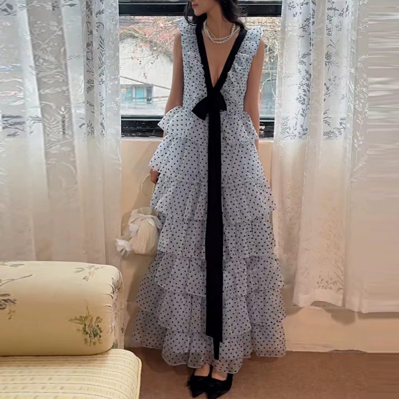 Casual V Neck Sleeveless Patchwork Polka Dot Loose Spliced Ruffles Maxi Dresses - Image 2