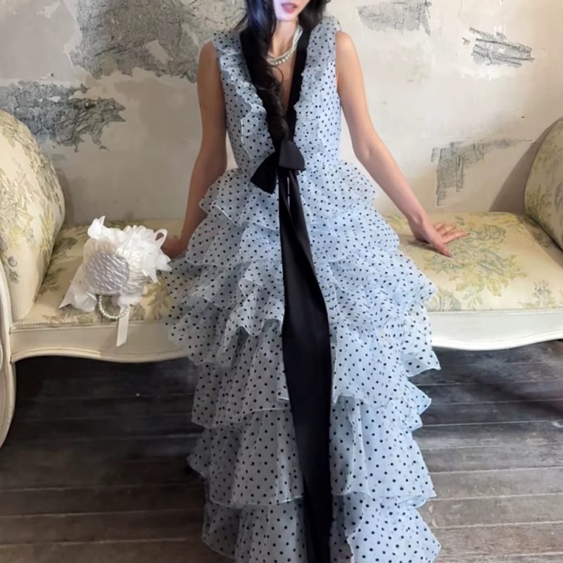 Casual V Neck Sleeveless Patchwork Polka Dot Loose Spliced Ruffles Maxi Dresses - Image 3