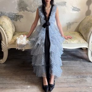 Casual V Neck Sleeveless Patchwork Polka Dot Loose Spliced Ruffles Maxi Dresses - Image 4