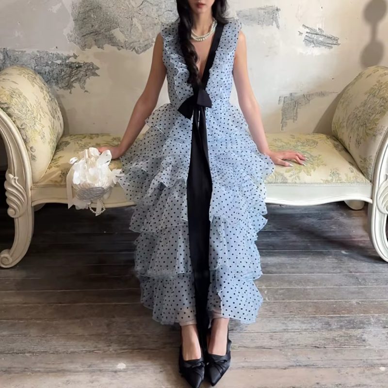 Casual V Neck Sleeveless Patchwork Polka Dot Loose Spliced Ruffles Maxi Dresses - Image 4