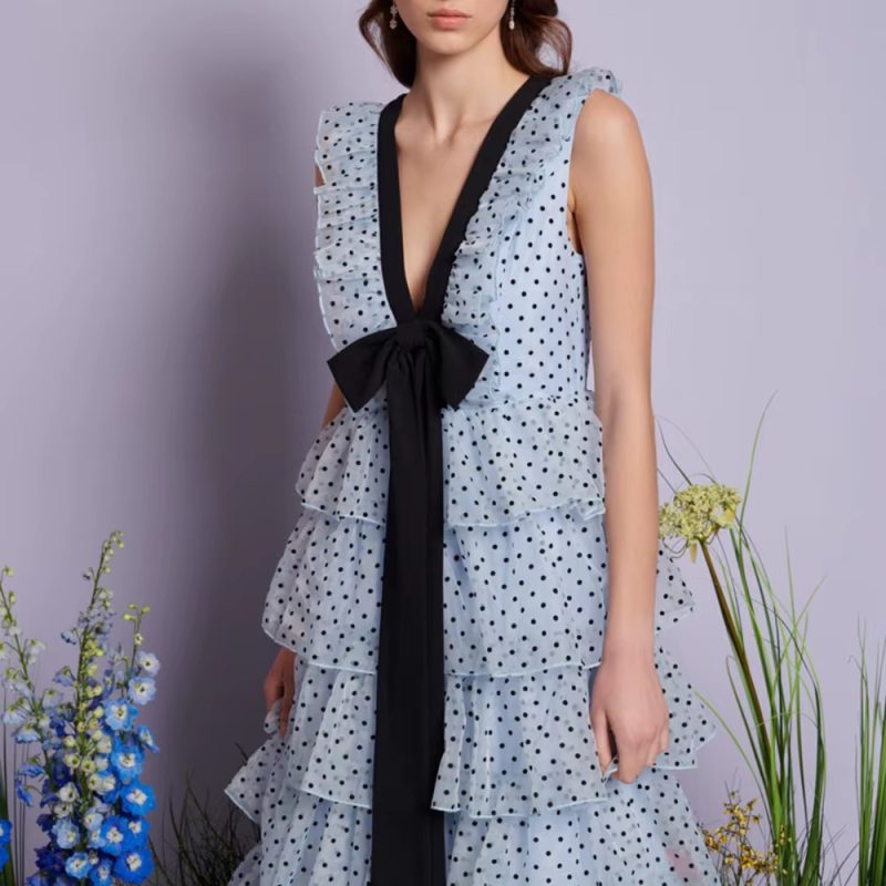 Casual V Neck Sleeveless Patchwork Polka Dot Loose Spliced Ruffles Maxi Dresses - Image 5