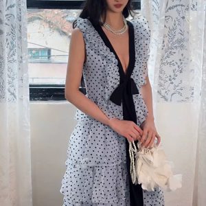 Casual V Neck Sleeveless Patchwork Polka Dot Loose Spliced Ruffles Maxi Dresses - Image 6