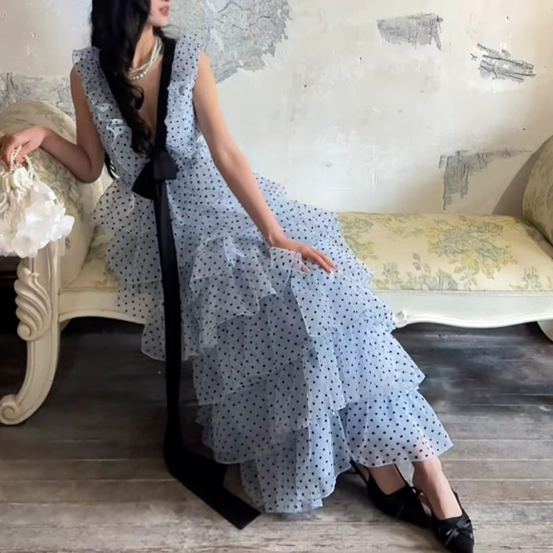 Casual V Neck Sleeveless Patchwork Polka Dot Loose Spliced Ruffles Maxi Dresses - Image 7