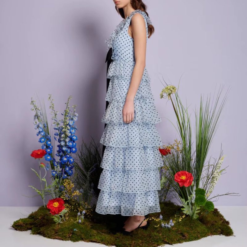 Casual V Neck Sleeveless Patchwork Polka Dot Loose Spliced Ruffles Maxi Dresses - Image 8