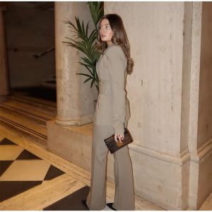 Casual Vintage Belt Blazer Pants Lapel Long Sleeve Coat Straight Zipper Trousers  Two Piece Set - Image 2