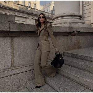 Casual Vintage Belt Blazer Pants Lapel Long Sleeve Coat Straight Zipper Trousers  Two Piece Set - Image 15