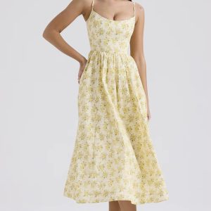 Casual sleeveless A-LINE Floral Spaghetti Strap Strapless Backless Midi Dress