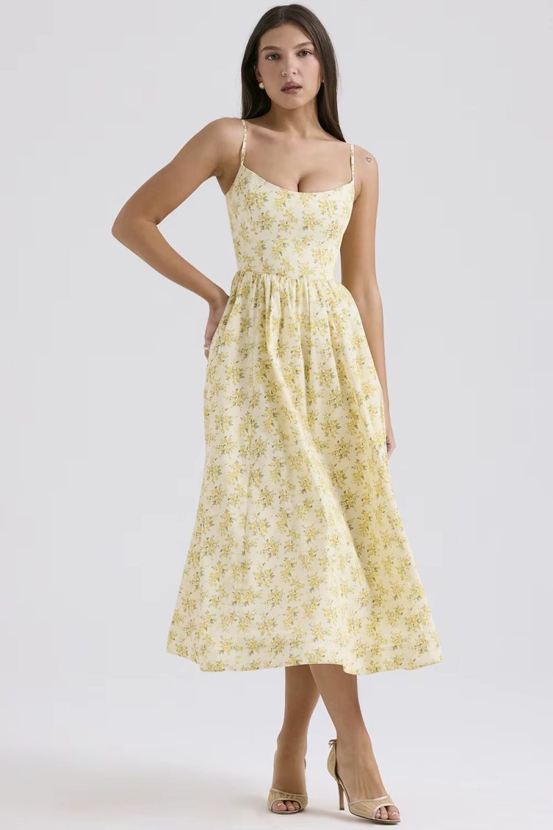 Casual sleeveless A-LINE Floral Spaghetti Strap Strapless Backless Midi Dress