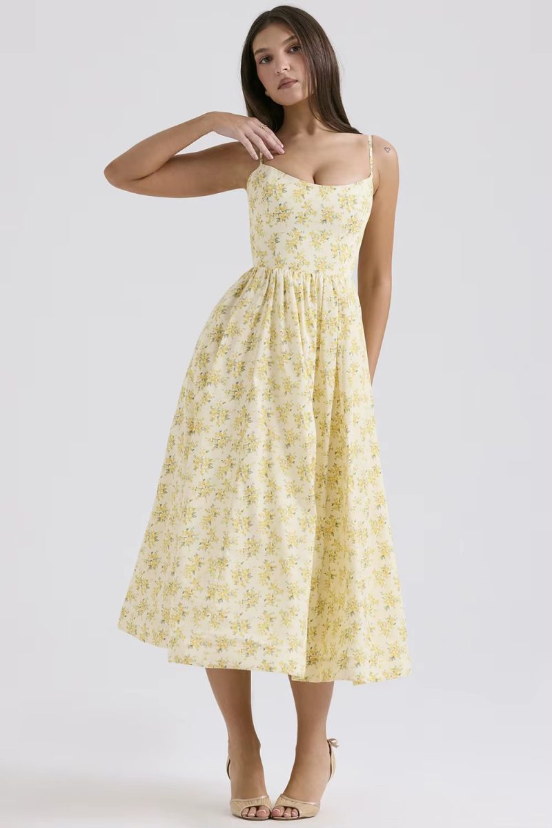 Casual sleeveless A-LINE Floral Spaghetti Strap Strapless Backless Midi Dress - Image 5