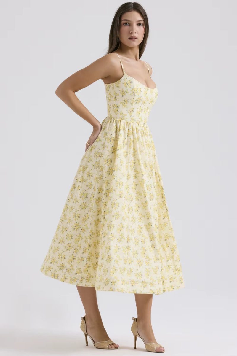 Casual sleeveless A-LINE Floral Spaghetti Strap Strapless Backless Midi Dress - Image 3