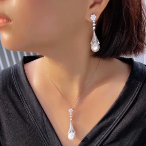 Chic Cubic Zircon Long Dangle Drop Leaf Pearl Daily Party Jewelry Set - Image 2