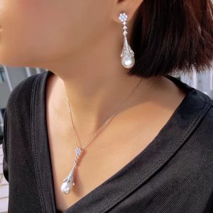 Chic Cubic Zircon Long Dangle Drop Leaf Pearl Daily Party Jewelry Set - Image 3
