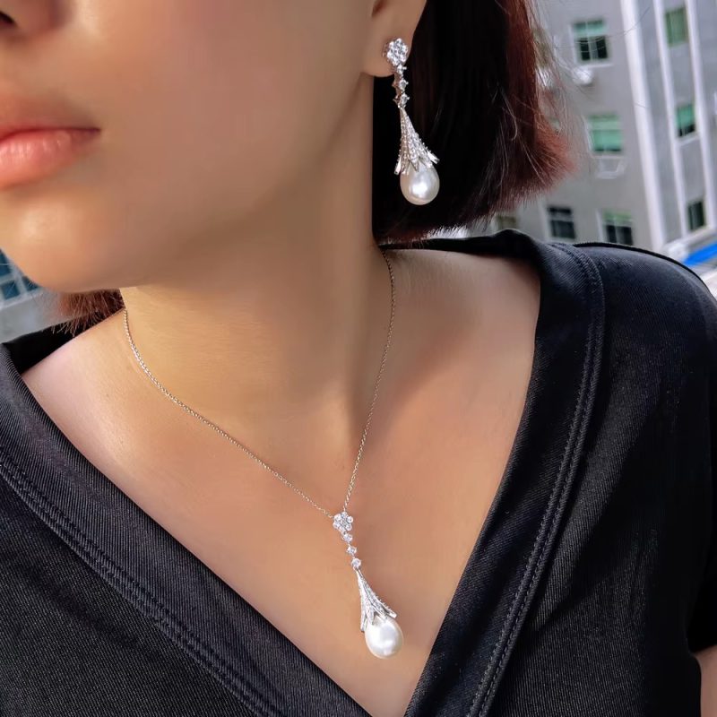 Chic Cubic Zircon Long Dangle Drop Leaf Pearl Daily Party Jewelry Set