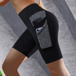 Color Blocked High Waist Tummy Control Double Side Pockets Yoga Shorts - Image 2