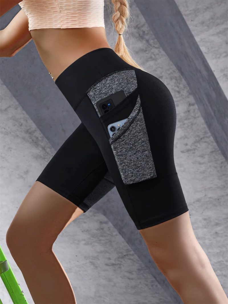 Color Blocked High Waist Tummy Control Double Side Pockets Yoga Shorts - Image 2