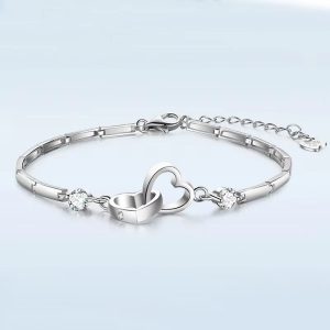 Cubic Zircon Double Heart 925 Sterling Silver Bracelets Bangles - Image 4