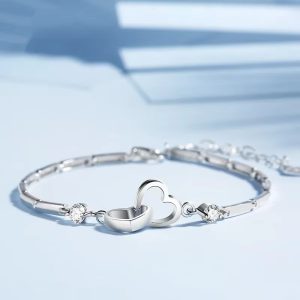 Cubic Zircon Double Heart 925 Sterling Silver Bracelets Bangles - Image 5