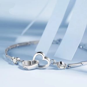 Cubic Zircon Double Heart 925 Sterling Silver Bracelets Bangles - Image 6