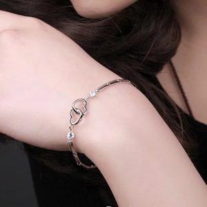 Cubic Zircon Double Heart 925 Sterling Silver Bracelets Bangles