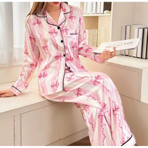 Elegant Satin Printed Long Sleeved Top Long Pants Two piece set Night Dress - Image 3
