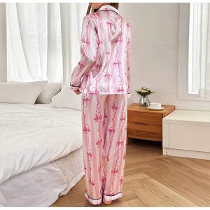 Elegant Satin Printed Long Sleeved Top Long Pants Two piece set Night Dress - Image 2