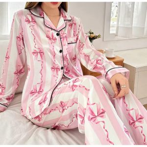 Elegant Satin Printed Long Sleeved Top Long Pants Two piece set Night Dress - Image 5