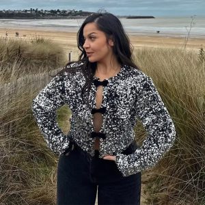 Elegant Sequins Bow Loose Lace Up O Neck Long Sleeve Shirts - Image 2