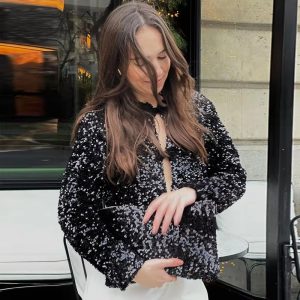 Elegant Sequins Bow Loose Lace Up O Neck Long Sleeve Shirts - Image 3