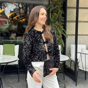 Elegant Sequins Bow Loose Lace Up O Neck Long Sleeve Shirts - Image 4