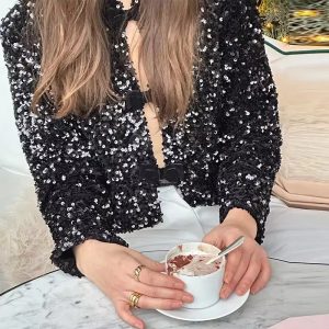 Elegant Sequins Bow Loose Lace Up O Neck Long Sleeve Shirts - Image 6