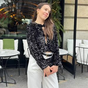 Elegant Sequins Bow Loose Lace Up O Neck Long Sleeve Shirts - Image 7